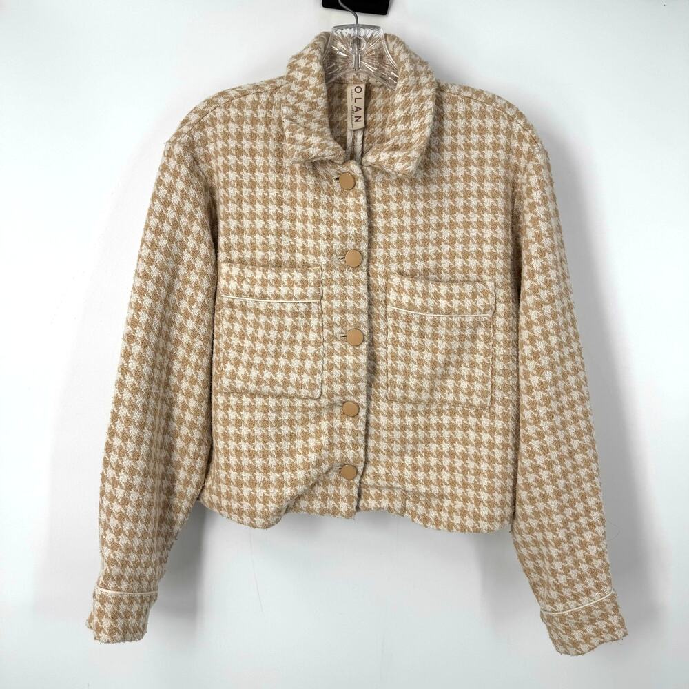 Dolan Anthropologie Houndstooth Cropped Jacket M Tan White Old Money Preppy